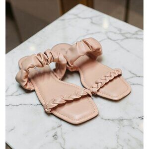 Nude Braided Strap Flat Sandals With Padded Scrunch Detail & Square Toe Design